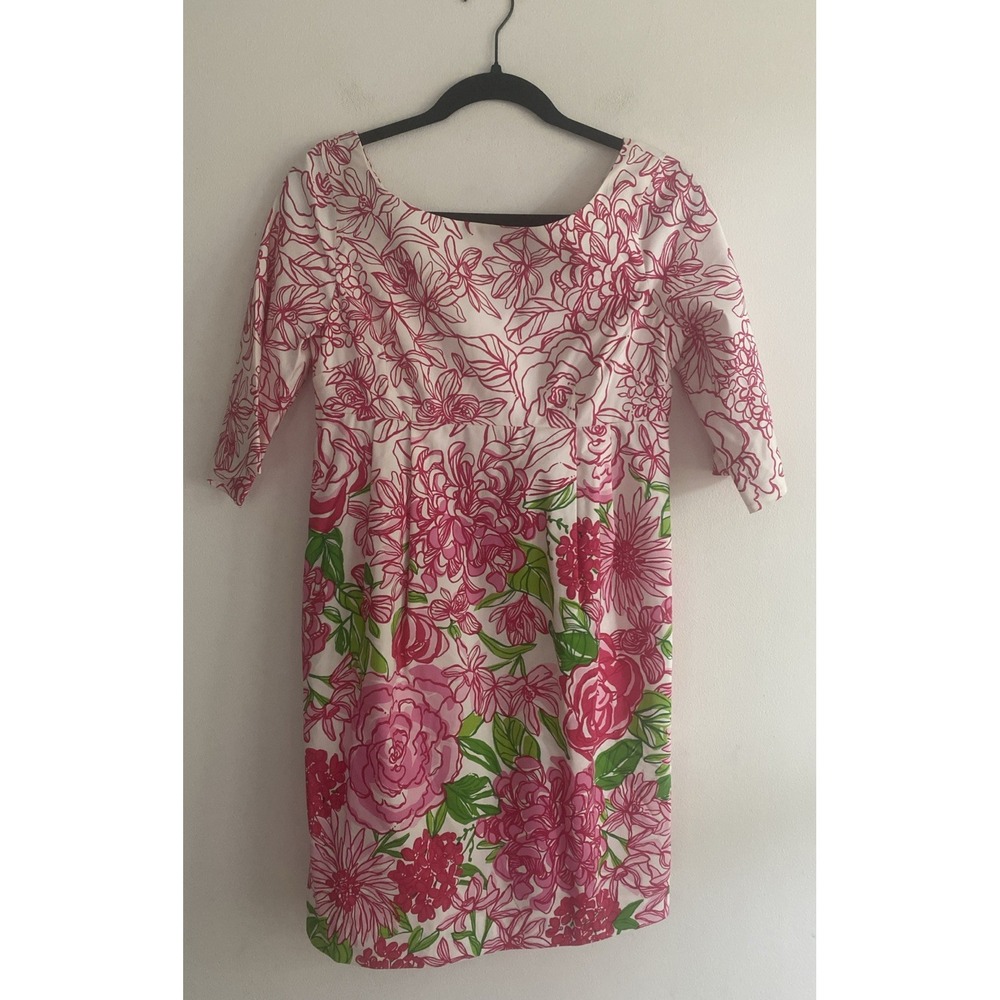 Lilly Pulitzer Sheath Dress Pink Floral 3/4 sleeves Silk  Blend‎ zip back